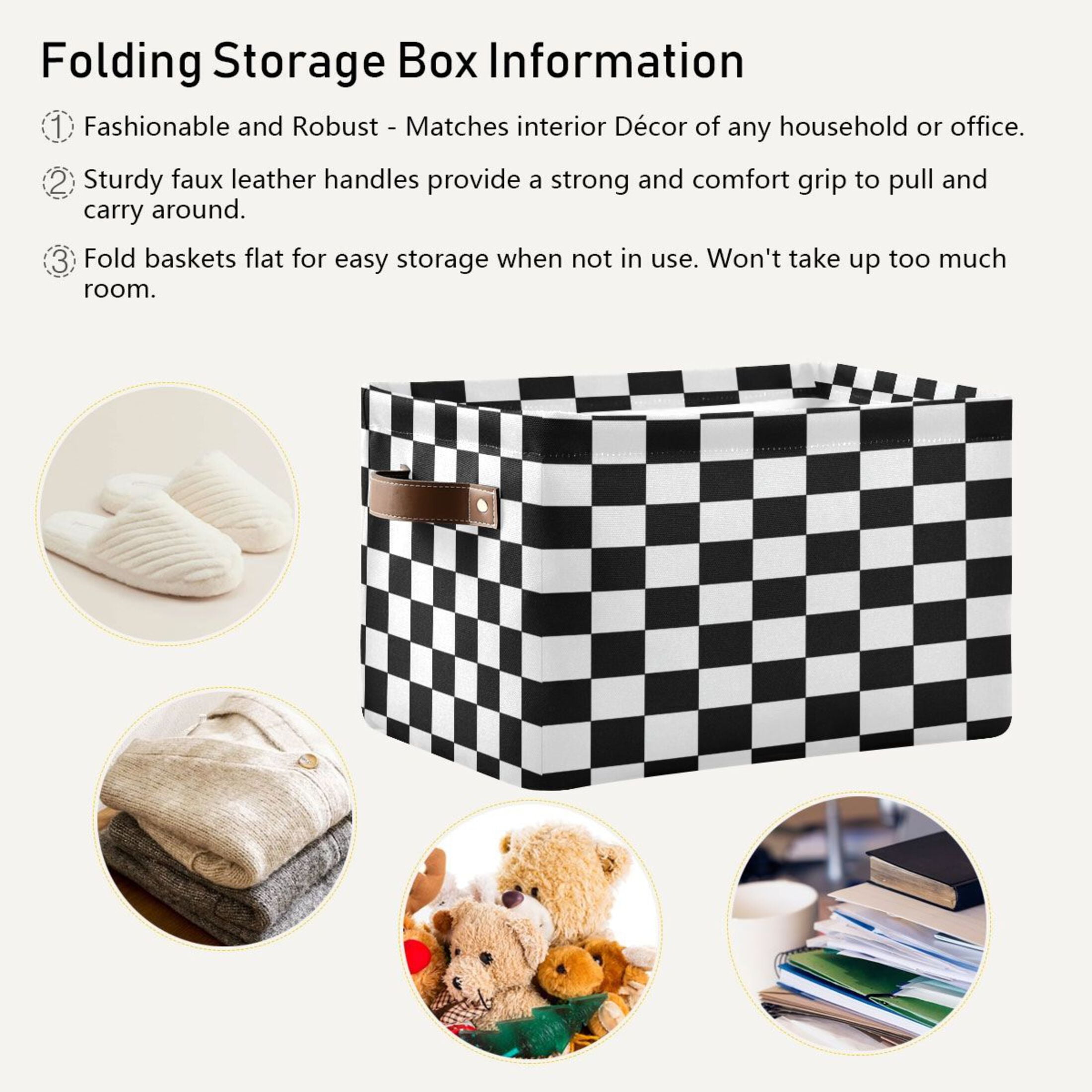 Black and White Check Foldable Storage Basket,Canvas Fabric Foldable Storage Bins with Handles Open Home Storage Bins Boxes for Toy Book Shelf Closet Baskets