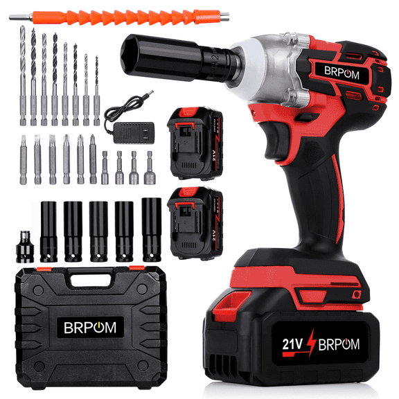 BRPOM 21V Cordless Impact Driver Set 900 Nm, Impact Wrench 1/2" Brushless Power Drill Tool Kit with 2 × 4.0Ah Batteries & Charger, 5 Sockets, 8 Drill Bits, 5 Driver Bits for Home, Car, Mower, Red