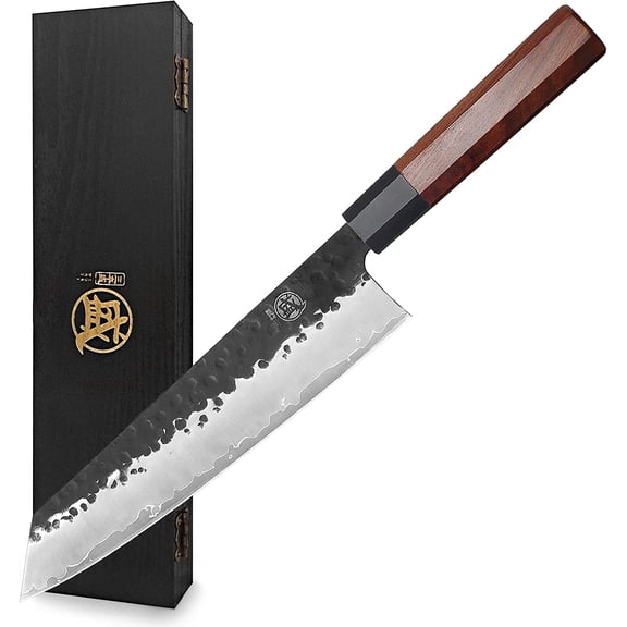 Visualz Kiritsuke Chef Knife 9 inch - Hand Forged Japanese Kitchen Knives, 3-Layer 9CR18MOV High Carbon Steel, Rosewood Handle & Sandalwood Box
