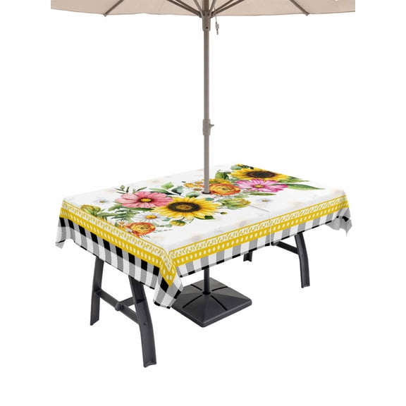Outdoor Tablecloth with Umbrella Hole for Patio/Picnic/Party/Camping, Sunflower Waterproof Table Cloth Rectangle Table Cover Washable, Pink Yellow Floral Elegant Pastoral Botanical (60"x 120")