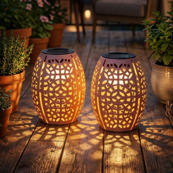 The Growing Ground 2 Pack Solar Lanterns Outdoor, Hollowed Metal LED Garden Decor Lanterns for Patio Yard Porch, Gifts for Women Mom Grandma, Pink