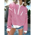 thumbnail image 4 of Women Striped Half Zip Long Sleeve Ribbed Knit Pullover Comfy Casual Light-Weight Tops Fall Fashion Pink XL, 4 of 8