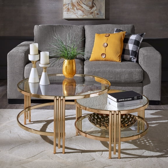 Weston Home Riga Champagne Gold Finish Textured Glass Table with Shelf, Nesting Coffee Table