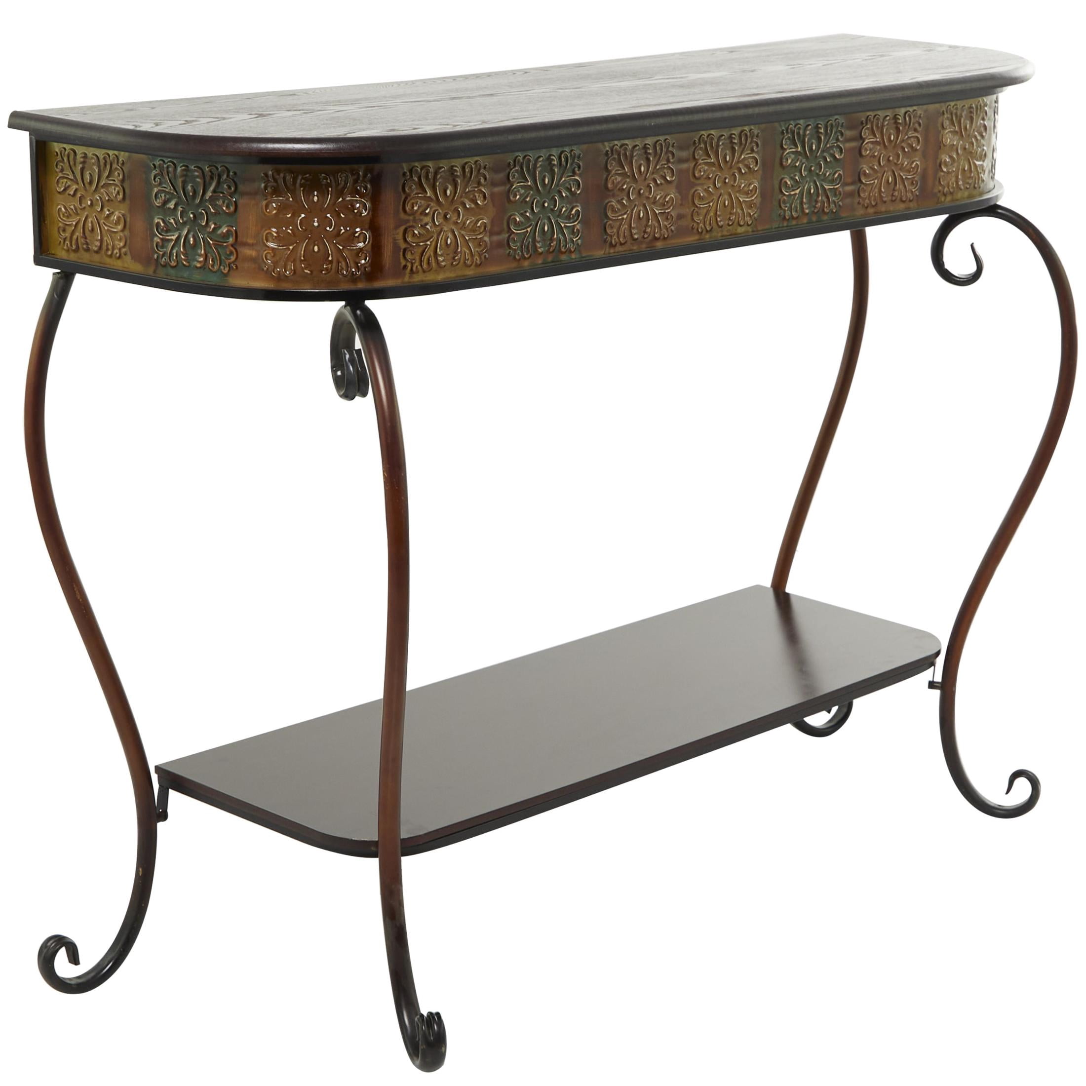 DecMode Traditional Brown Wood and Metal Console, Entryway, Hallway Table with Ornate Detailing and Round Edges, 43"W x 32"H
