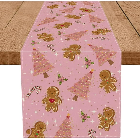GAGEC Gingerbread Christmas Decorations Black Table Runner Pink Tree Glitter Xmas Winter Candy Cane Holiday Kitchen Dining Merry Christmas Table Decor 13x108 Inch