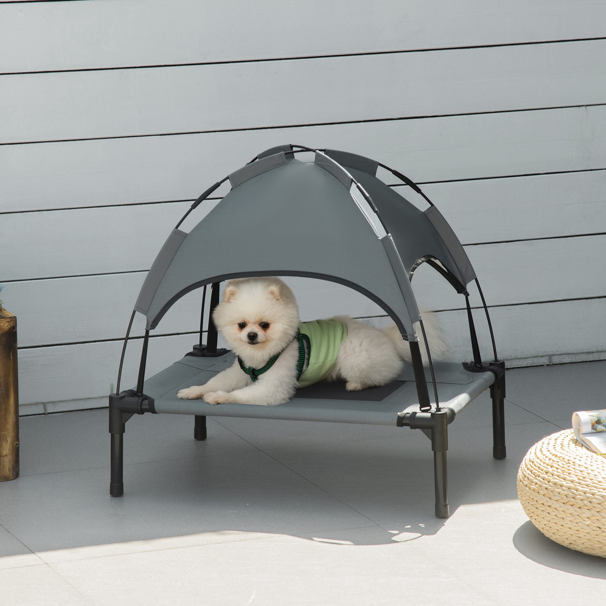 Elevated Portable Dog Cot Pet Bed with UV Protection Canopy Shade Breathable Mesh Cooling Bed 24 Inch Gray for Medium Dogs Up to 22 lbs