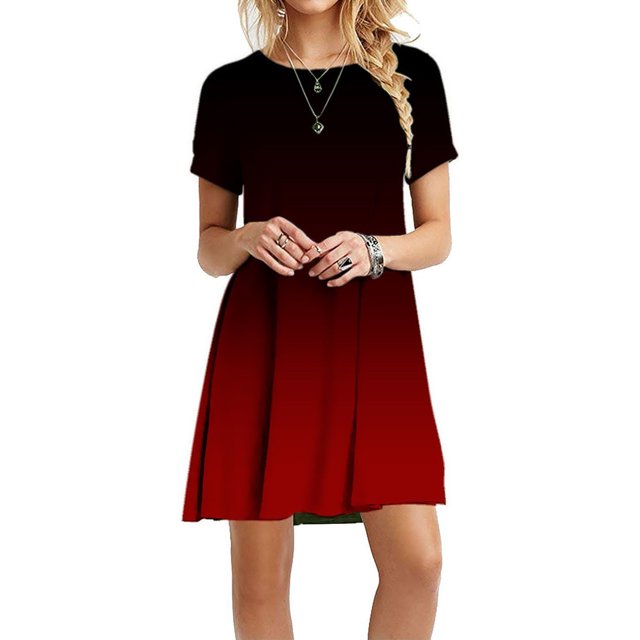 Nouveau Cravate de Couleur Dégradée Robe Col Rond Manches Courtes Midi Robe Décontractée Simple T-Shirt Robe en Vrac