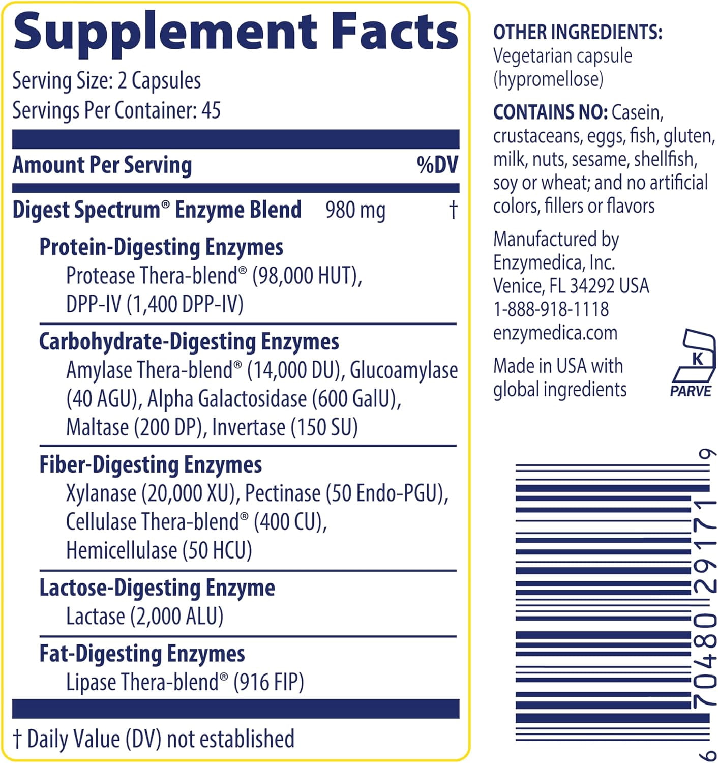 Enzymedica Digest Spectrum, Digestive Enzymes for Women & Men, Supports Gut Health, & Multiple Food Intolerances, Targets Gluten & Lactose. 90 Capsules