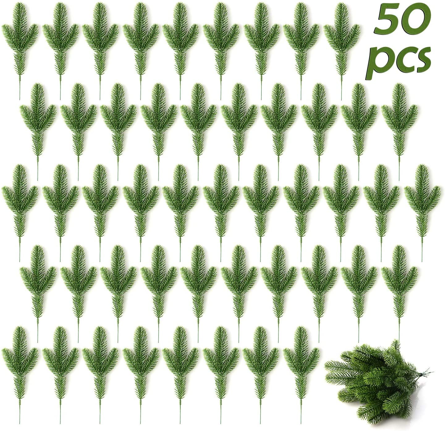 Moobom Artificial Pine Tree Branches 50-Pack Green Plants Pine Needles DIY Accessories for Garland Wreath Christmas Embellishing and Home Garden Decor