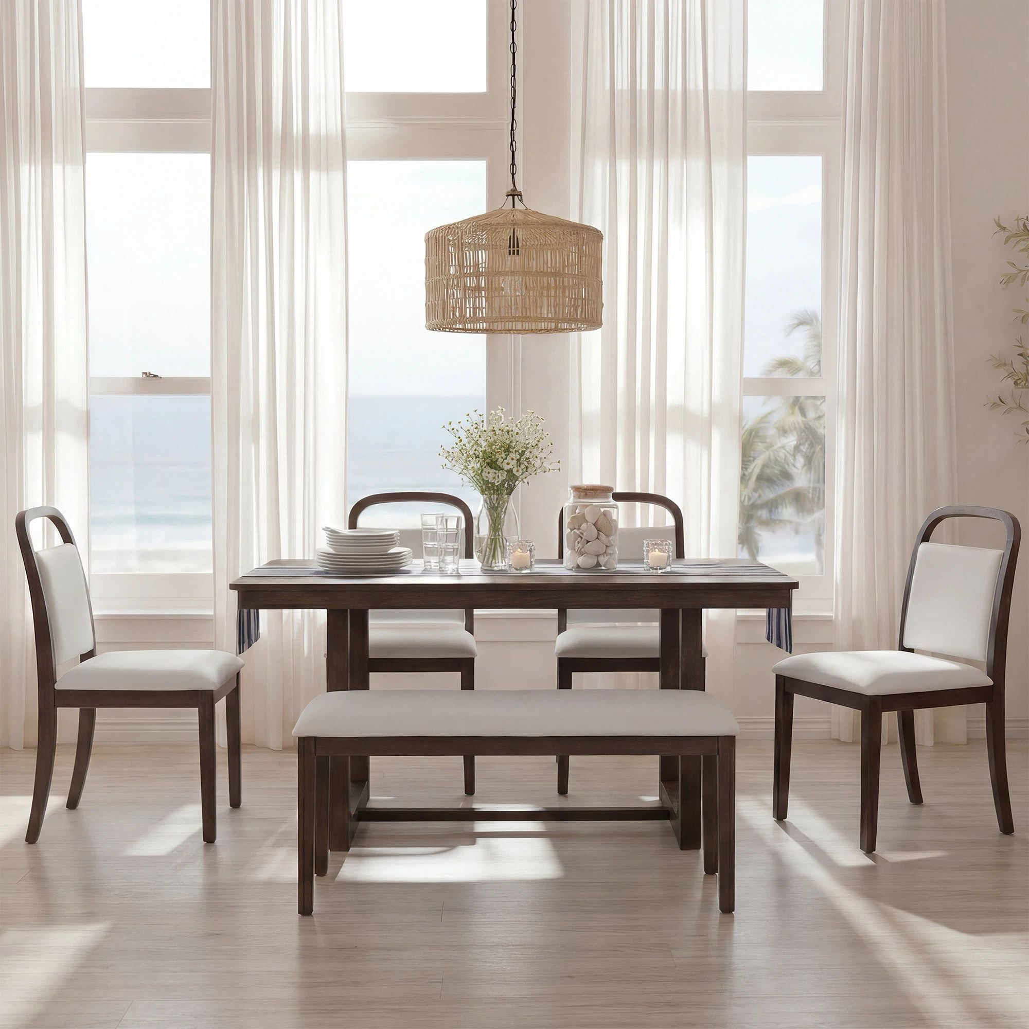 Euroco Farmhouse 6-Piece Dining Table Set for 6, Wood Rectangular Kitchen Table with 4 Upholstered Chairs & 1 Bench for Dining Room, Kitchen,Brown