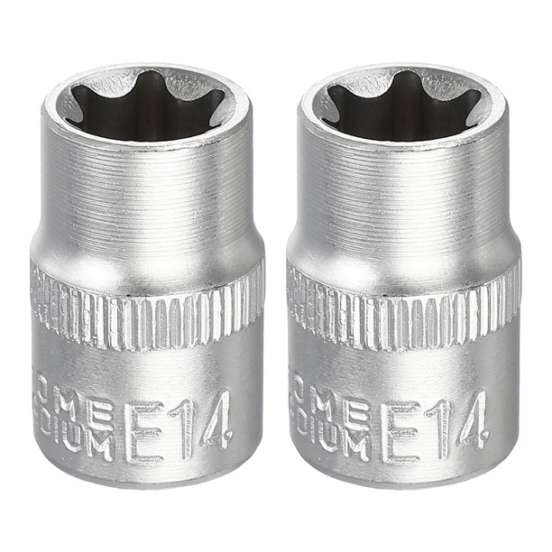 Uxcell 2pcs E-Torx Socket 3/8" Drive E14 Star Metric Socket 1.2" Length External Torx Shallow Sleeve 35K Alloy Steel Chrome 6 Point Spline Sleeve para Reparaciones de Autos