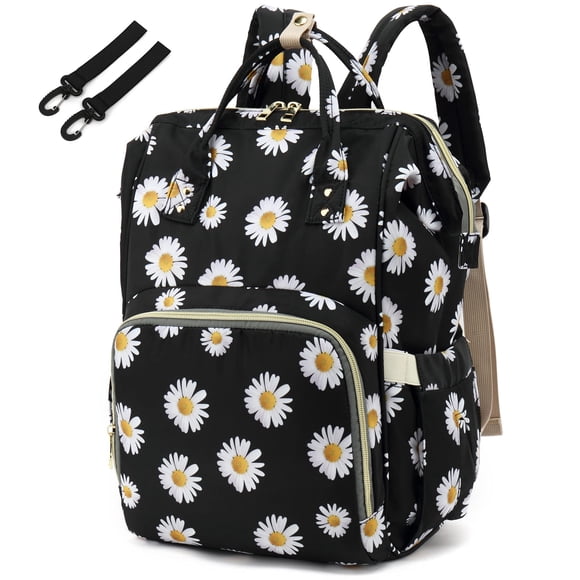 Yusudan Mochila floral para pañales para bebés, niñas, niños, flores, mamá, bolsas de pañales para mujeres (margarita negra)