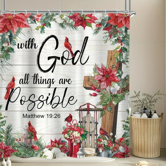Jbralid Christmas Poinsettia Cardinal Shower Curtain with With God All Things Are Possible Bible Verse Matthew 1926 for Home Bathroom Bath Tub Decoration 72x72 inch