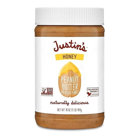 Pack of 1 Justin's Honey Peanut Butter 16oz. Jar, Gluten Free, Non-GMO, Responsibly Sourced