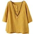 thumbnail image 2 of fartey Womens Cotton Linen Tops Button up High Low Hem Casual Summer Tshirts Loose Fit Crewneck 3/4 Sleeve Solid Color Blouses, 2 of 7
