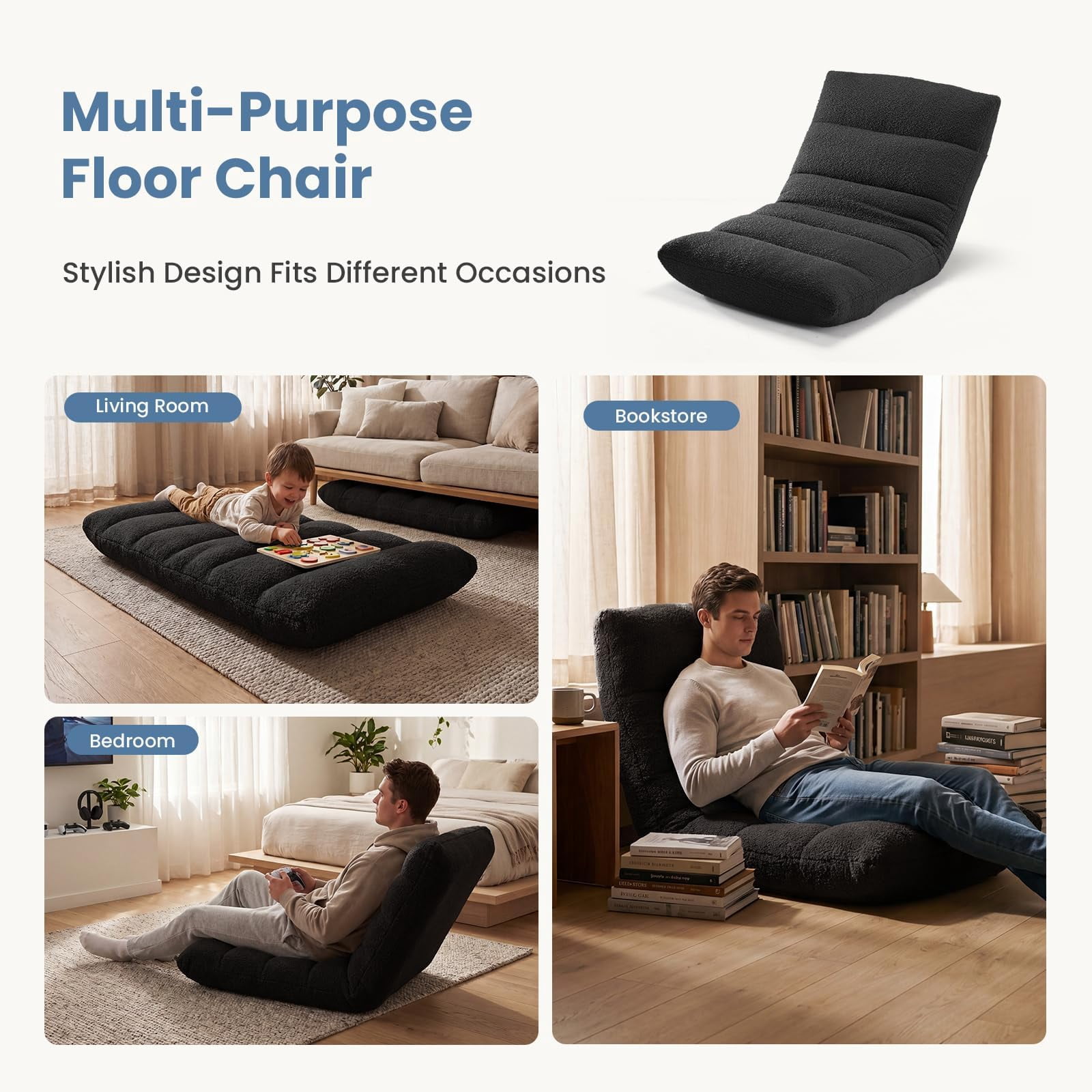 Folding Floor Chair, Adjustable 14-Position Gaming Chair with 5.9" Thick Cushion, Soft Velvet Cover & Steel Frame, Portable Floor Seating for Adults, Black