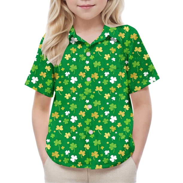 Blusa y camisa de manga corta con cuello vuelto, moderna e informal, con estampado del Día de San Patricio, con bolsillo, para uniforme escolar, para niños y niñas de 2 a 15 años.