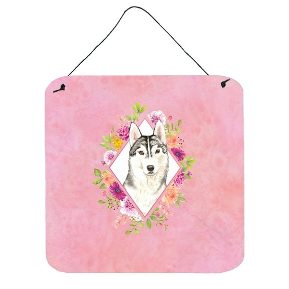 Siberian Husky Pink Flowers Wall or Door Hanging Prints