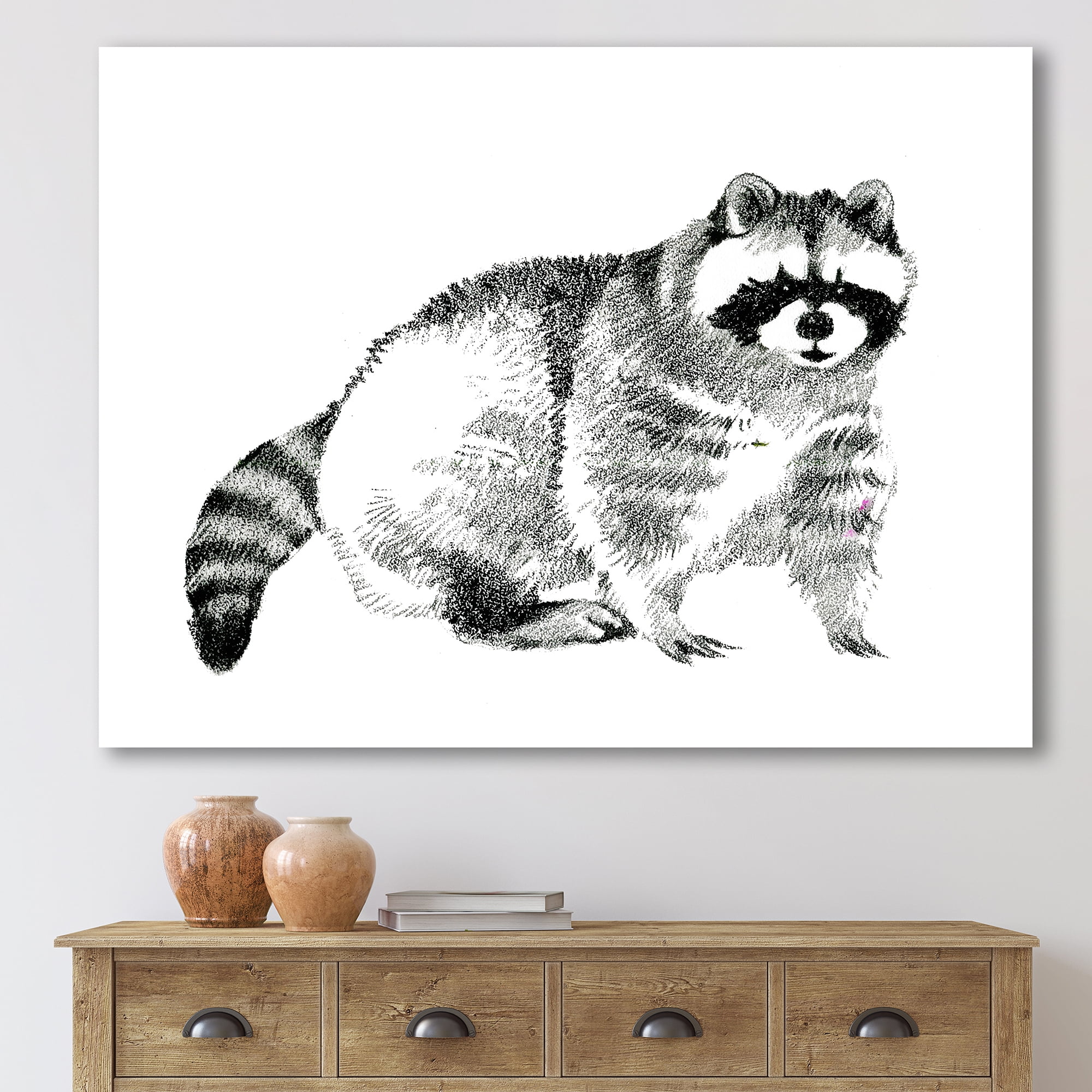 Designart ' Black and White Portrait Of Raccoon ' Farmhouse Canvas Wall Art Print