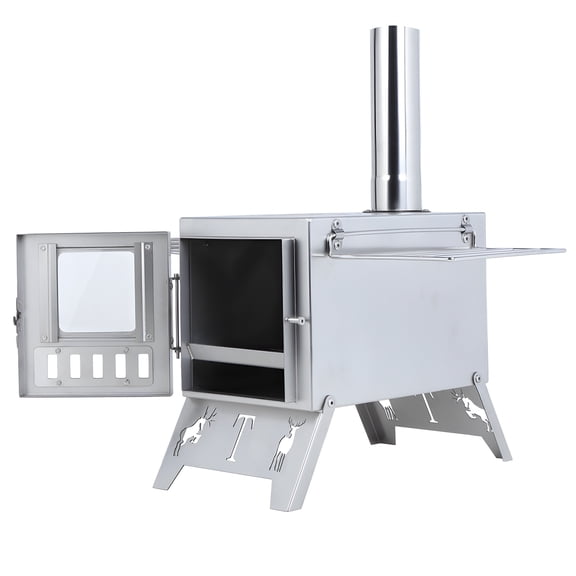 SHUO Y - Wood Burning Stove with 5 Pipes Accessories, Visible Window Side Panels Heating Cooking Hot Tent Stove, Large Firebox Stainless Steel Stove for Outdoor, Camping, Hunting, Ice Fishing