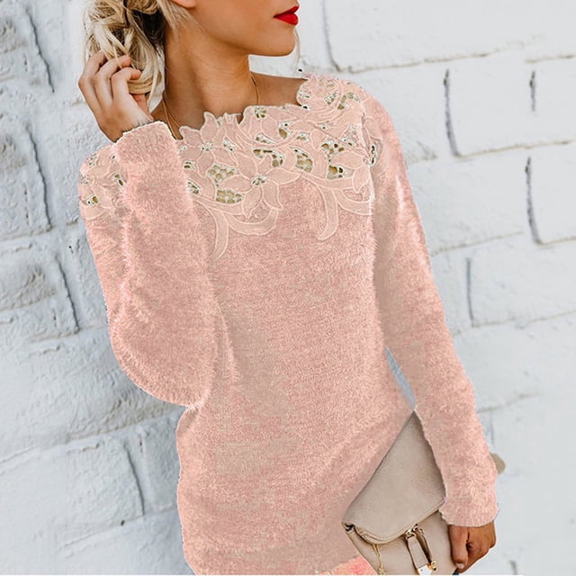 Pntutb Mujeres Sólido Sexy Encaje Empalme Ahueca hacia fuera Manga larga fuera del hombro Blusa de felpa Suéter top Pntutb Pntutb-2387