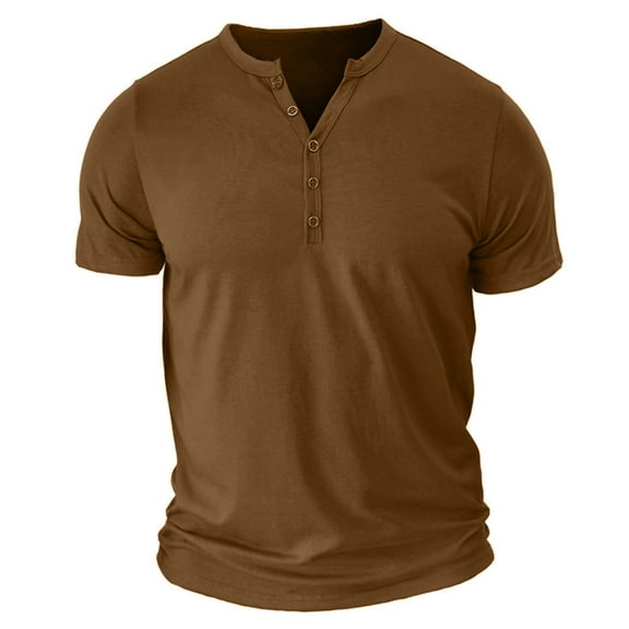 Mens Button Up V-Neck Shirt Short Sleeve Solid Color T-Shirt Casual Clothes Cotton Stretch Loose Pullover Top