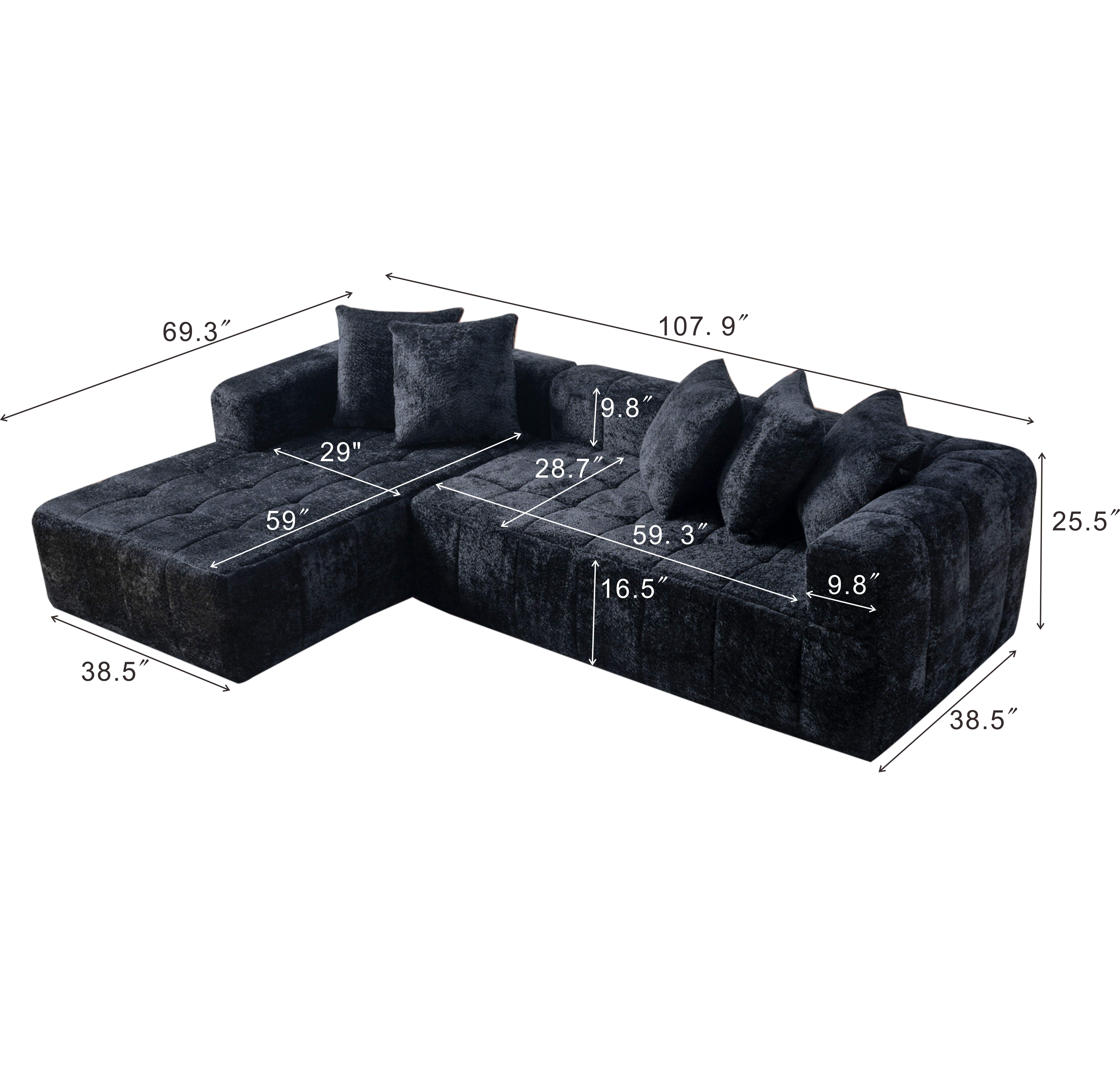 107.9 Inch Cloud Modular Sectional Sofa Couch with L-Shape Chaise, Deep Seat Corner Couch for Living Room Bedroom No Assembly Needed, Black
