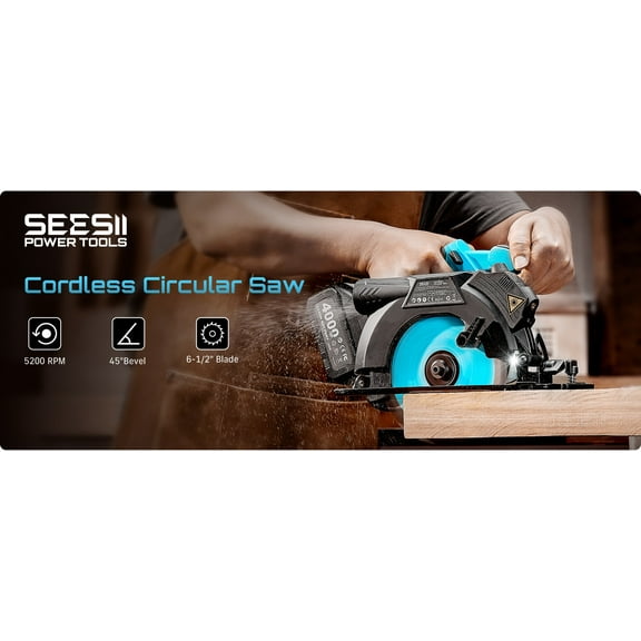 Seesii 6-1/2" Cordless Circular Saw with Battery and Charger,5200 RPM Electric Power Saw with Laser and Rip Guide for Precise Wood Cutting,Max Cut Depth 2-1/4"(90°),1-7/16" (45°) for Home Renovation
