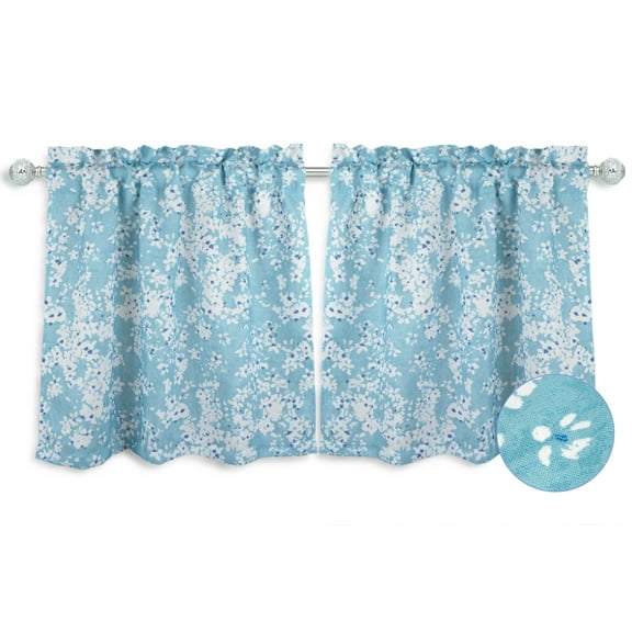 Aiking Home Kitchen Window Treatments - 2-Panels Polyester Printed Kitchen Tier Curtains with 2.5" Rod Pocket (28"x24" Each Panel, Blooms Aqua)