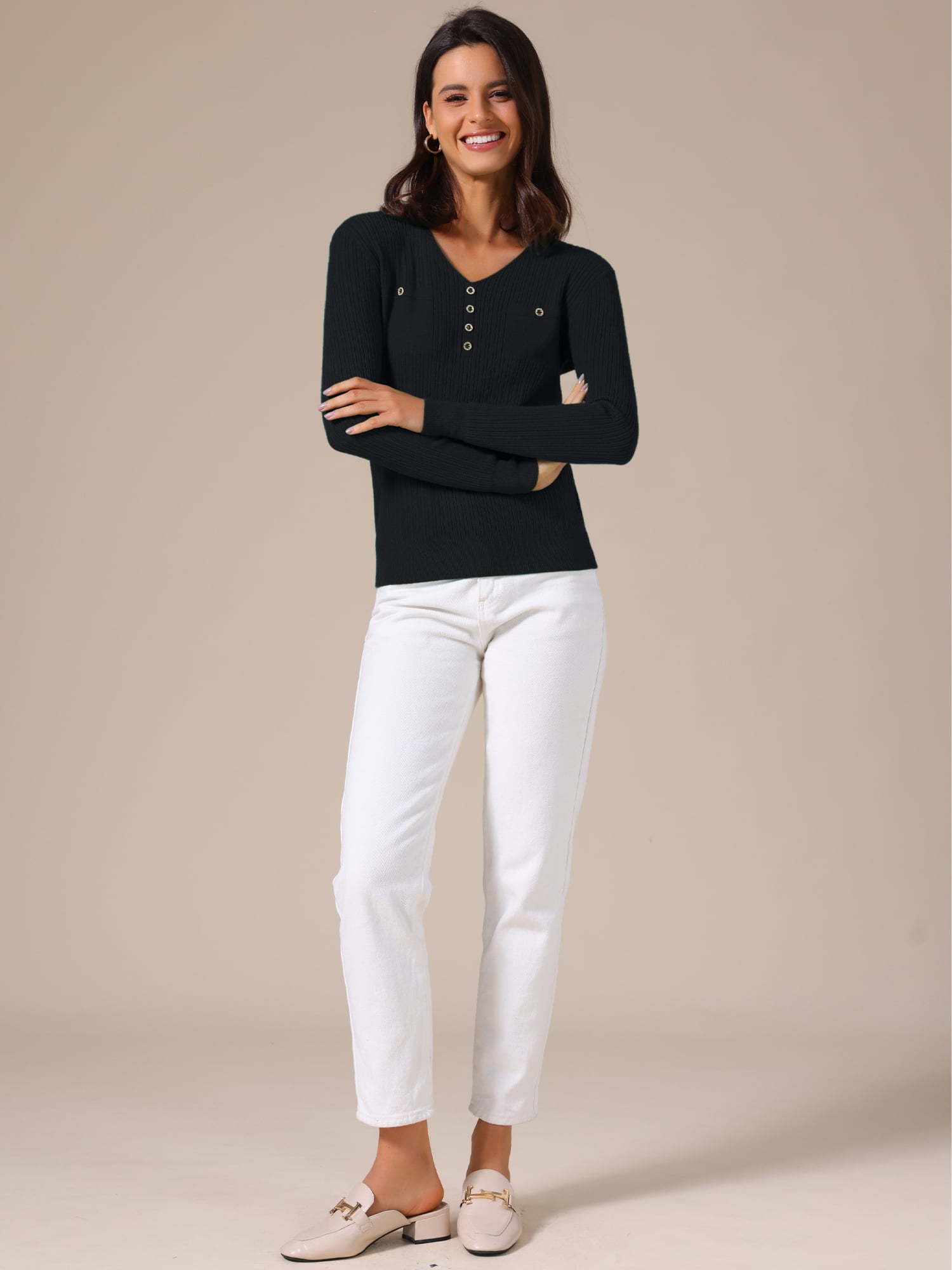 DARING DIVA Women's Long Sleeve Button Decor V Neck Ribbed Knit Sweater L Black