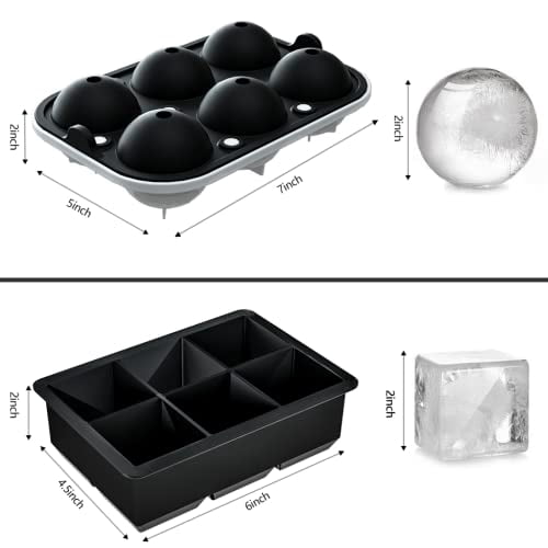 Set of 2 Premium Ice Cube Trays: Large Square Mold and Sphere Ice Ball Maker with Lids for Whiskey, Cocktails, and Chilled Beverages at Home