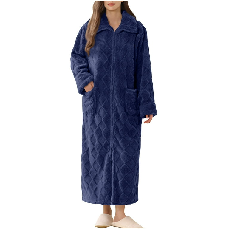 Miqool Zipper Bathrobe for Womens Flannel Fleece Robes with Pocket