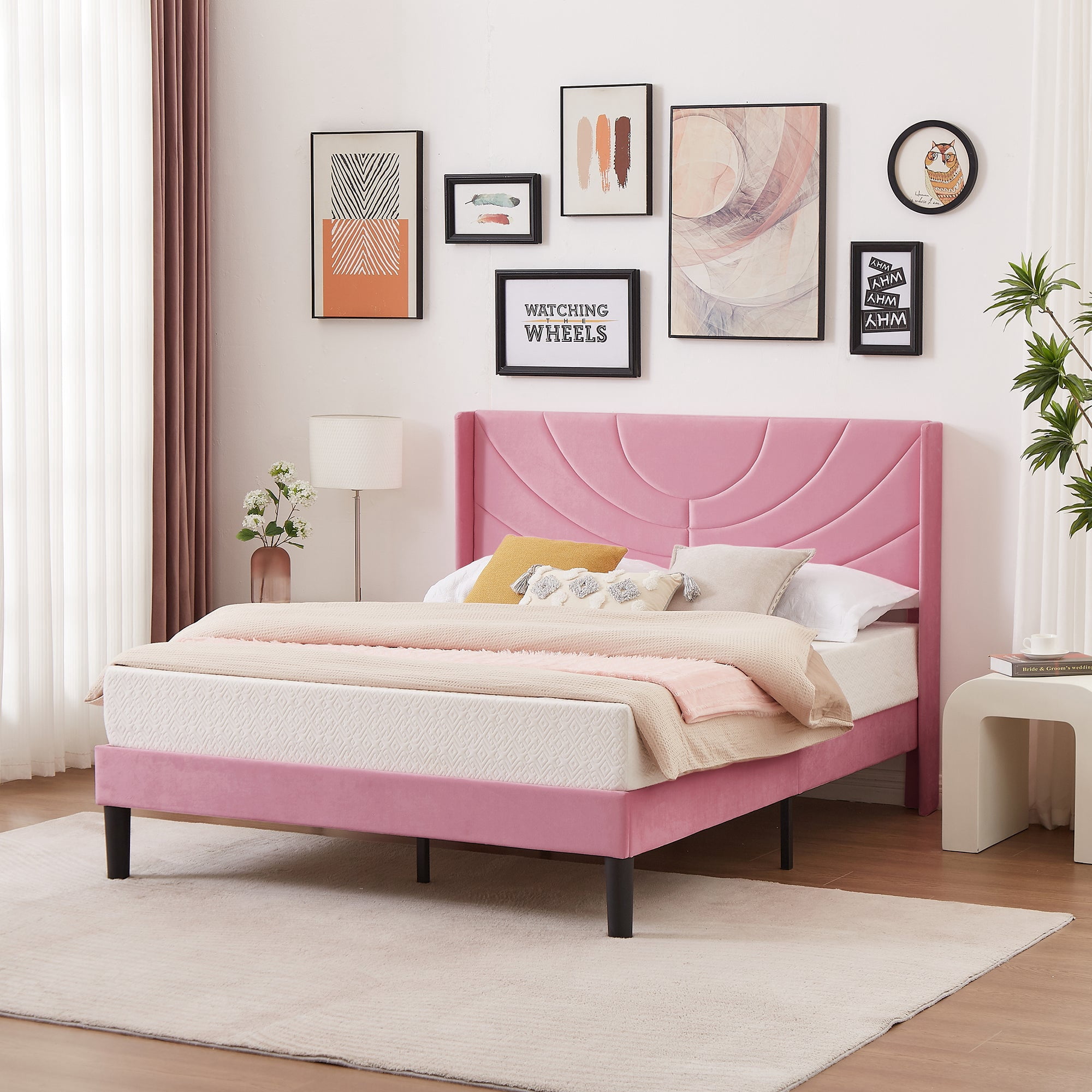 VECELO Upholstered Platform Full Bed Frame with Fabric Headboard,Wooden Slats Support/No Box Spring Needed/Mattress Foundation,Pink