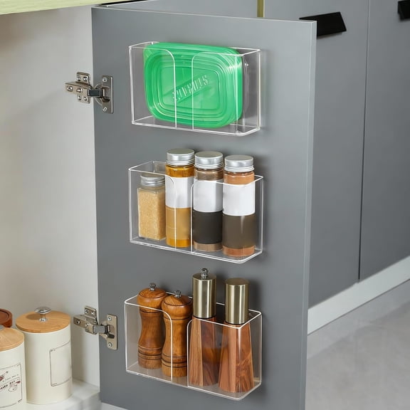 Adhesive Cabinet Organizer, 3 Pack Acrylic Pantry Door Organizer, Wall Mounted Lid Organizer Inside Cabinet for Kitchen Bathroom Office Storage