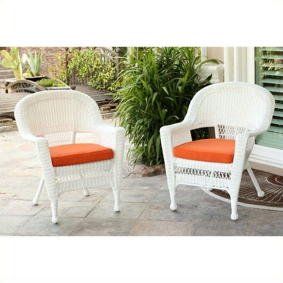 Jeco Wicker Chair in White with Tan Cushion (Set of 2)