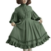 Medcursor Women Vintage Long Sleeve Stand Collar Lace Lantern Sleeve Lolita Dress S-5XL