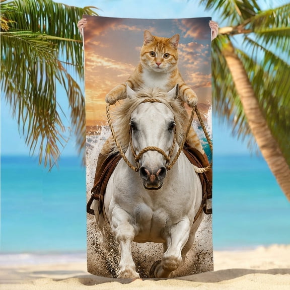RKSupls Cat Riding White Horse on Beach Oversized Microfiber Beach Towel - Ultra-Soft Microfiber Machine Washable, Ideal for Bathroom beach yoga