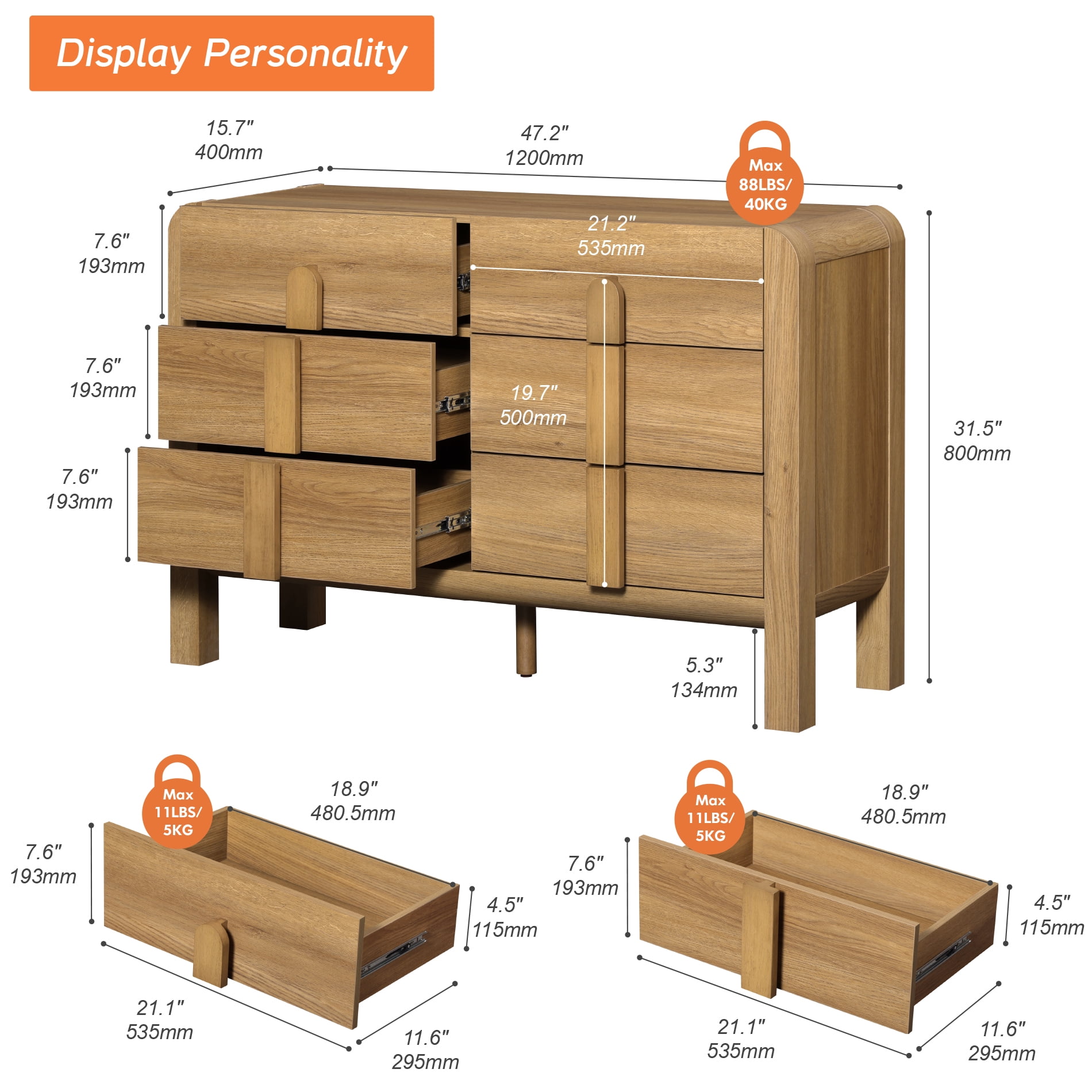 Modern 6 Drawer Dresser TV Stand for 55 Inch TV, Entertainment Center with Curved Profile Design, Wood TV Console with Storage for Living Room