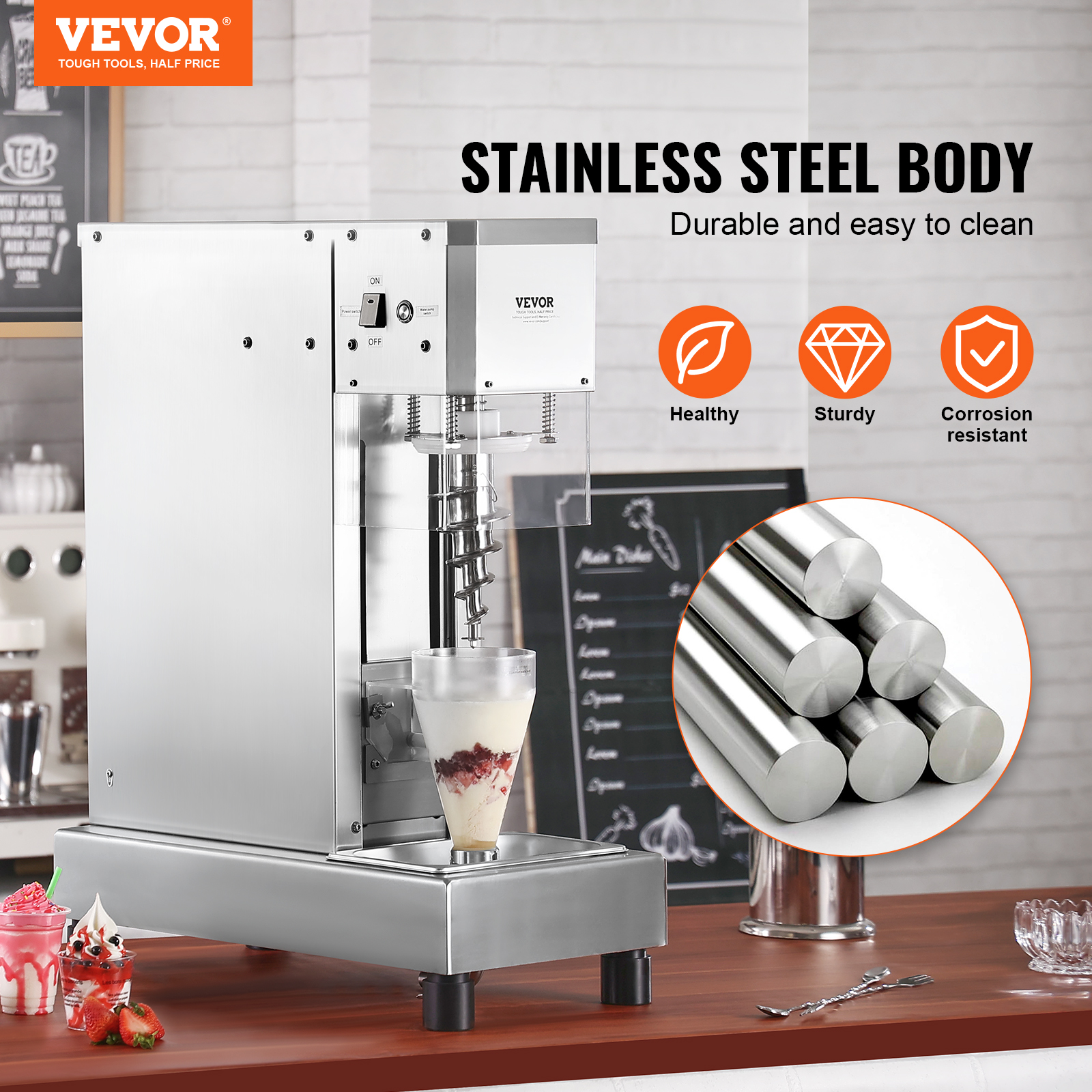 VEVOR Ice Cream Blender,750W High-Speed Ice Cream Maker Mixer Stir Machine 1740RPM, 304 Stainless Steel Ice Cream Shaker, Long Handle + PC Protective Shield, Customizable with any Flavor of Ice Cream