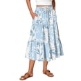 thumbnail image 3 of Women's Floral Maxi Skirt, High Waist Drawstring Tiered Pleated Skirt, Lightweight Flowy Boho Skirt for Beach, Vacation and Summer,Light Blue,L, 3 of 7