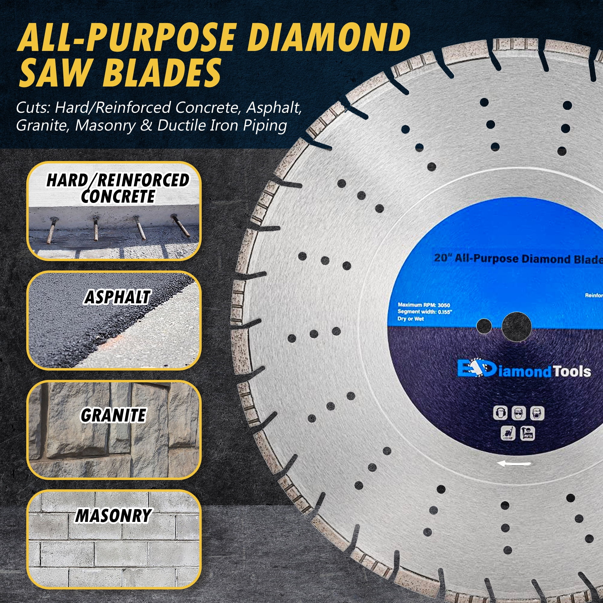 EDiamondTools 20" All Purpose Diamond Saw Blades for Reinforced Concrete, Asphalt, Granite