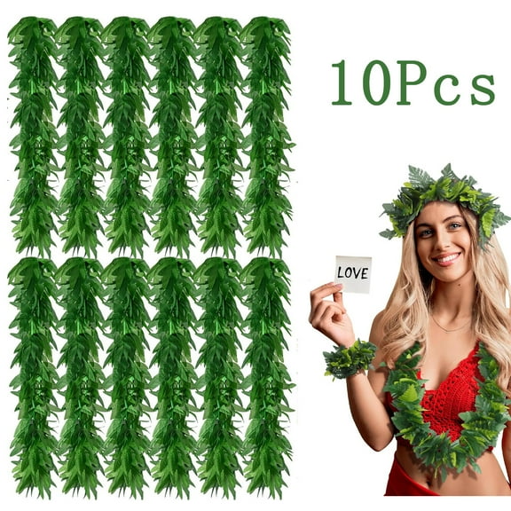 10 Piece Tropical Fern Leaf Leis,Tutuviw Tropical Green Leis for Hawaiian Luau Party Favors,Artificial Leaves Neck Loop,Girls Costume Tropical Beach Luau Party Supplies (Green)