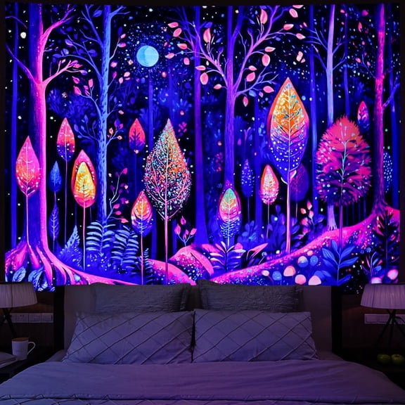 Blacklight Forest Tapestry UV Reactive Trees Tapestries Aesthetic Starry Moon Stars Tapestries Colorful Neon Plants Tapestry Wall Hanging for Bedroom