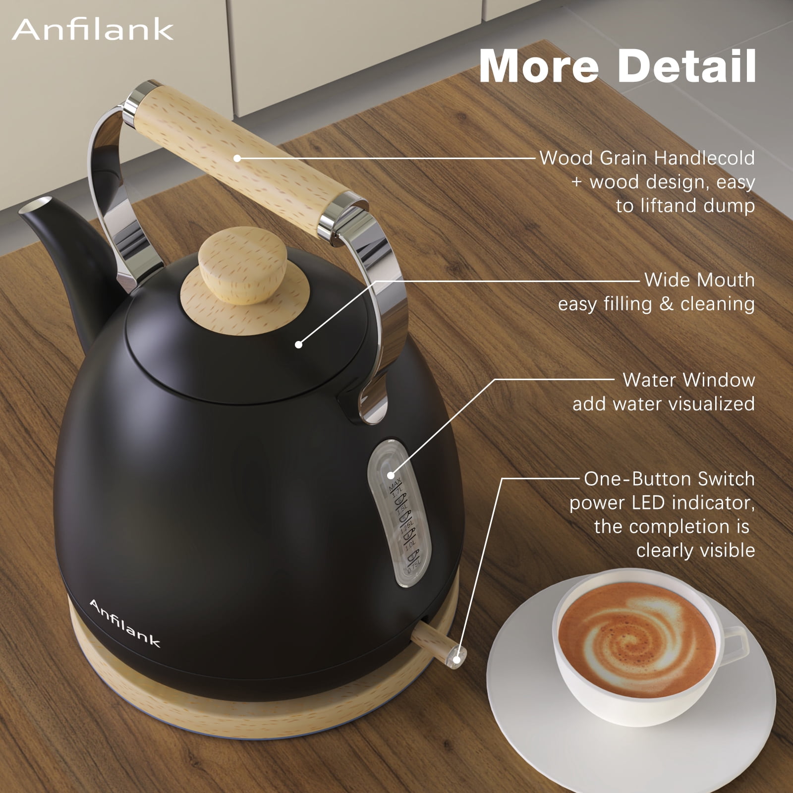 Anfilank Boil Water Electric Kettle, 1.7L 1500W, Coffee & Tea Kettle Stainless Steel, Wood Grain Design, Black