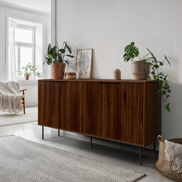 CORLIVING Lysander Fluted Engineered Wood Sideboard with 4 Doors and 4 Shelves, Walnut