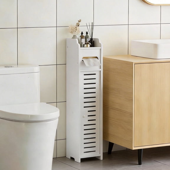 Small Bathroom Storage Cabinet, Freestanding Toilet Paper Storage with Door and Shelves, Corner Floor Cabinet, Bathroom Organizers and Storage for Small Spaces, White