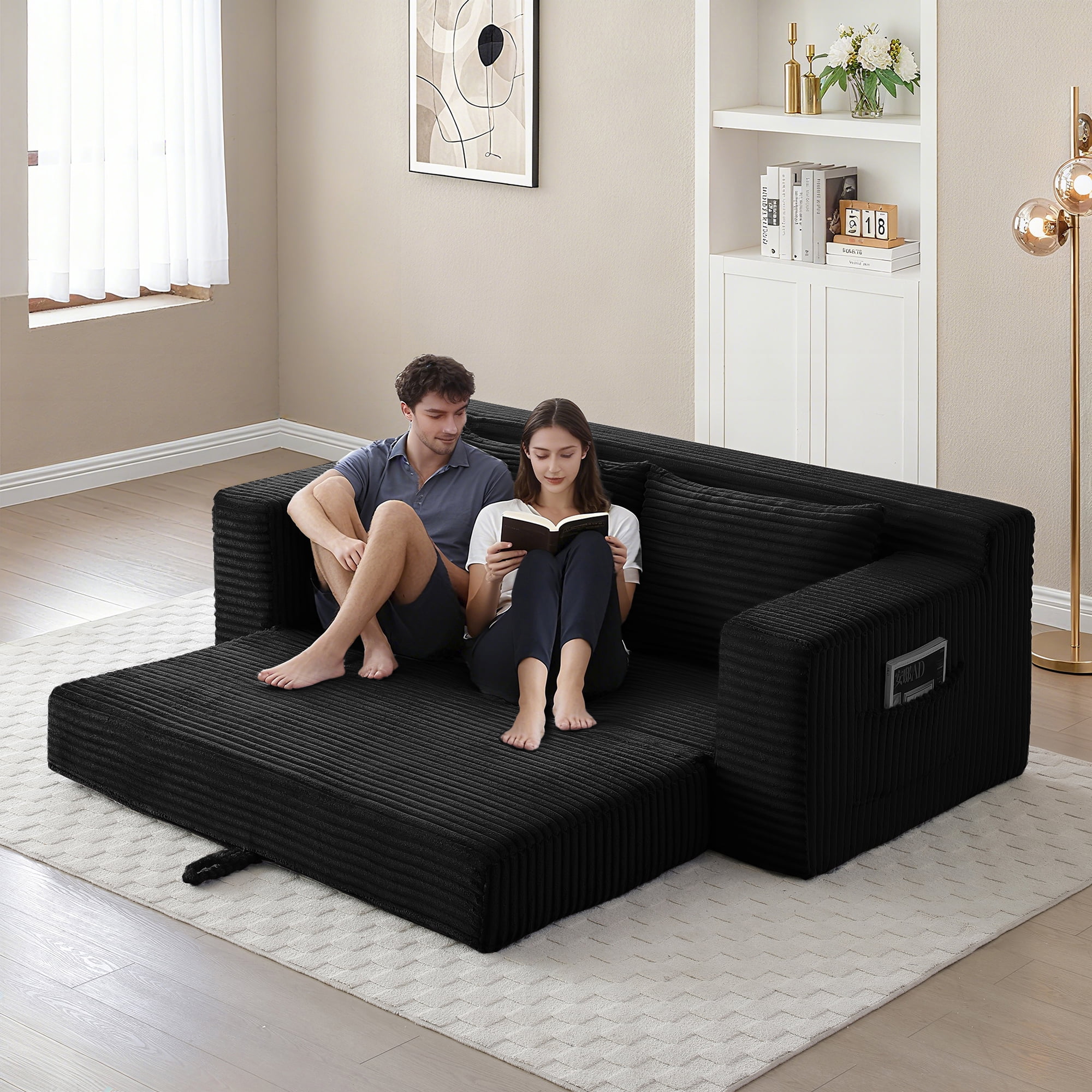 Miniyam Cloud Loveseat Sofa, 2 in 1 Convertible Folding Couch Bed, No Assembly Compressed Corduroy Floor Lounge Sofa for Apartment Office, Black