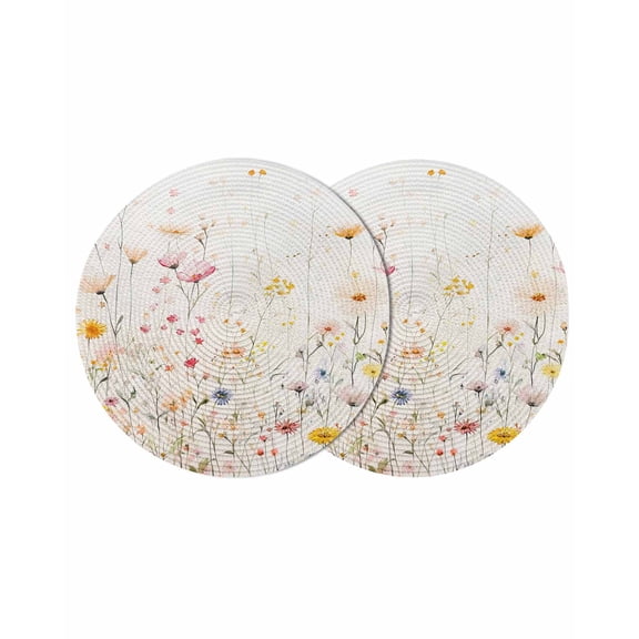 Spring Flowers Round 15 Inch Placemats Set of 2, Watercolor Wildflowers Farmhouse Floral HeatResistant Non Slip Place Mats for Dining Table, Wipeable Braided Kitchen Table Mats for Housewarming