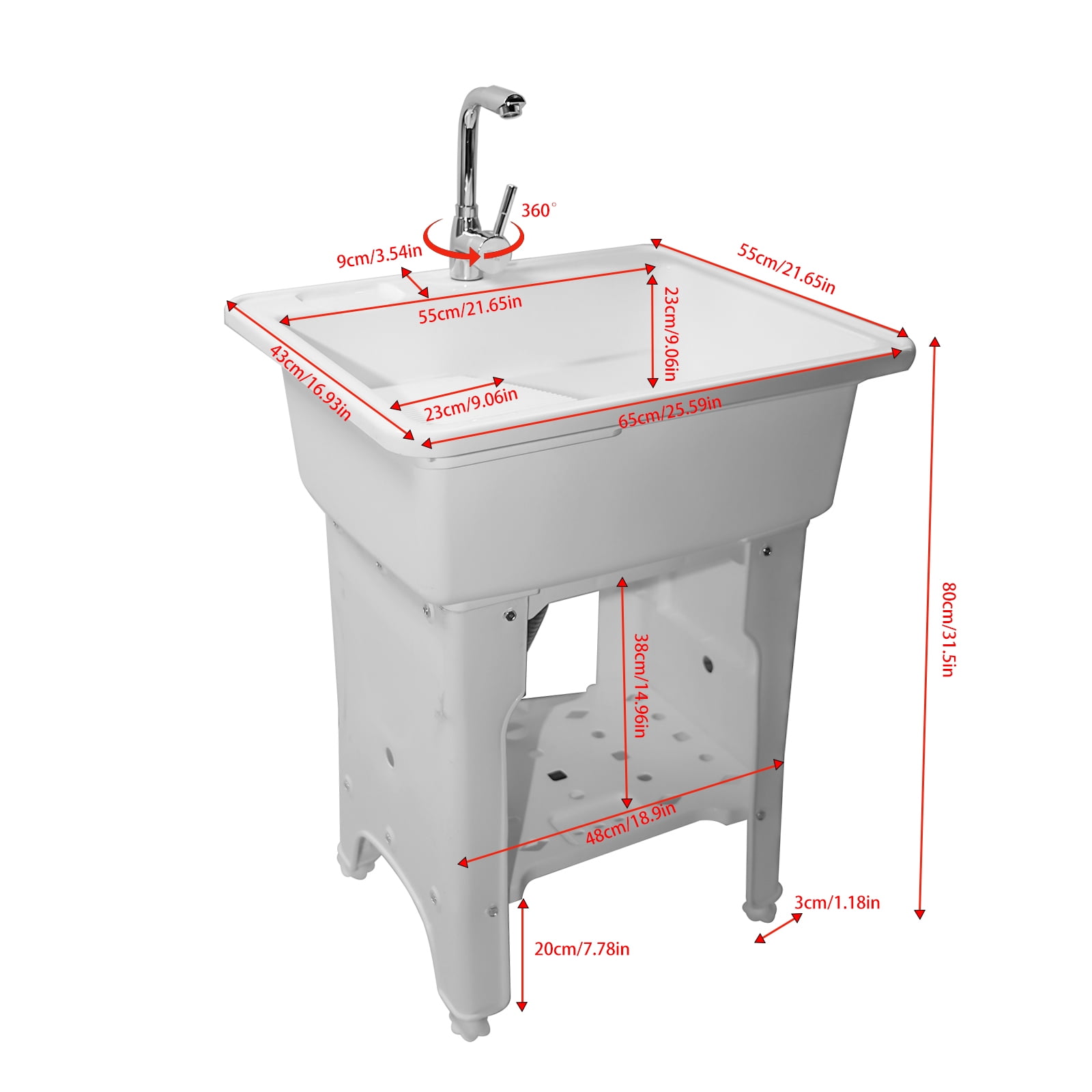Freestanding Plastic Utility Sink Laundry Tub outdoor sink Drop in Deep sink kit with Inlet and Drain Pipe with Hot&Cold Faucet,Basement for Laundry Room&Garage or Shop,Size:25.59*21.65*31.5in(white)
