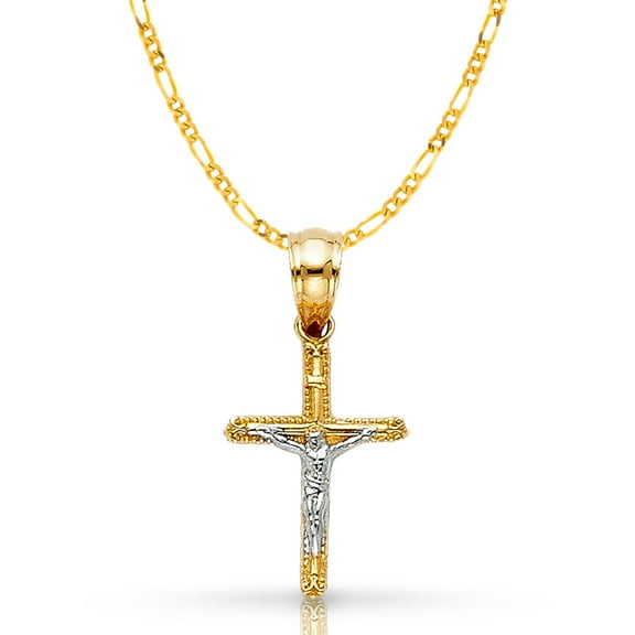 14K Two Tone Gold Jesus Crucifix Cross Pendant with 2mm Figaro 3 1 Chain Chain Necklace